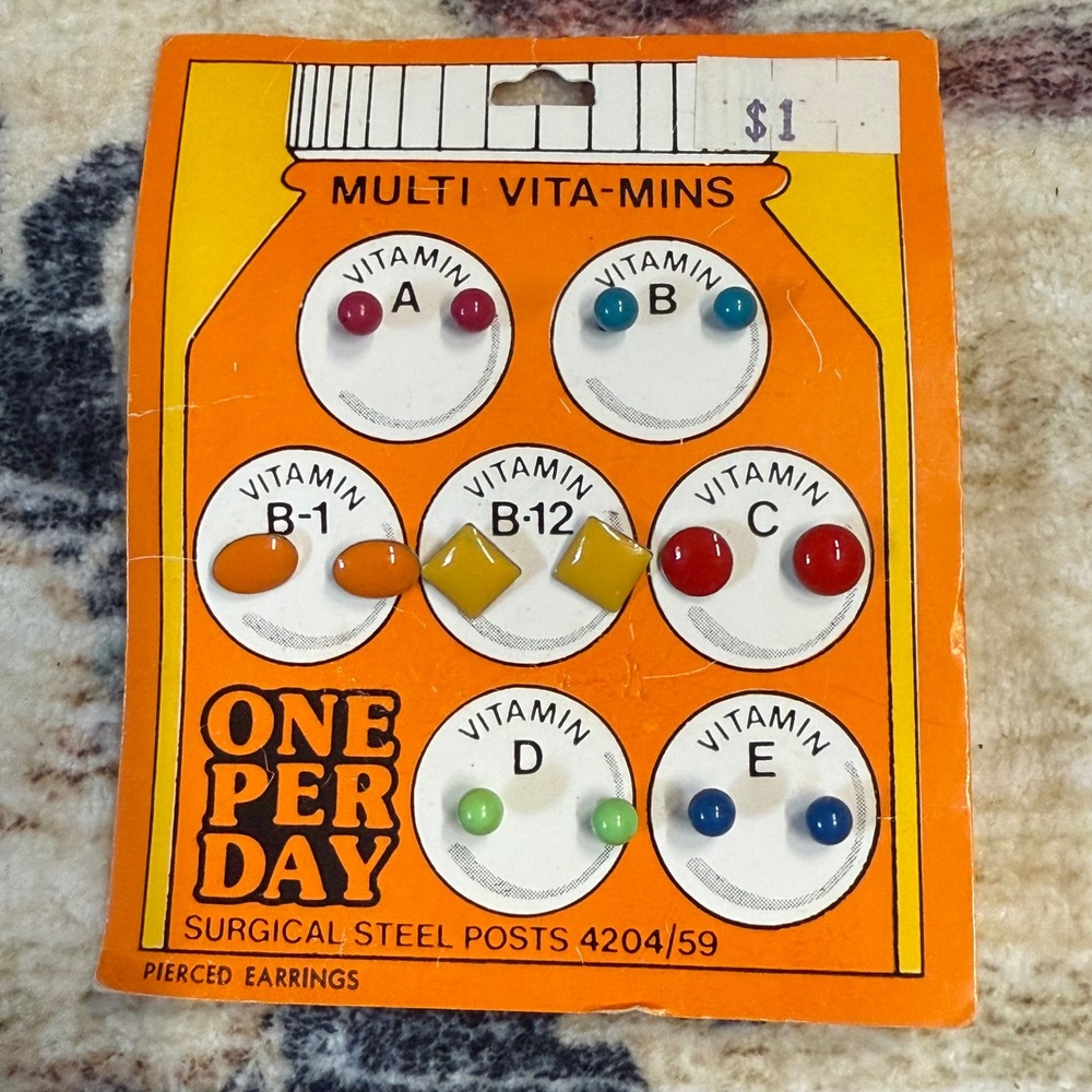 Vintage Multi Vita-Mins Earrings‎ Surgical Steel Posts Novelty Colorful